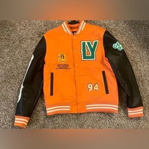Orange Varsity Jacket with Black Sleeves